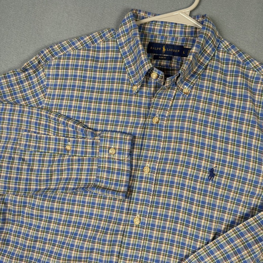 Polo Ralph Lauren Mens Large Blue Plaid Long Sleeve Slim Fit Cotton Button Up